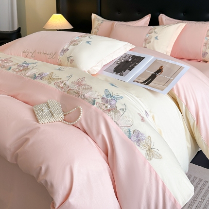 91家纺网 家纺一手货源 找家纺 （总）小傻瓜家纺直播爆款13372·高级款100%全棉刺绣四件套轻奢纯色绣花纯棉套件