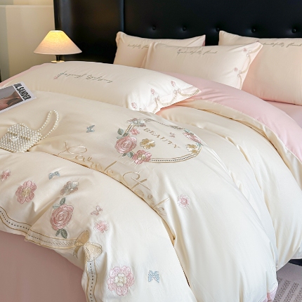 91家纺网 家纺一手货源 找家纺 （总）小傻瓜家纺直播爆款13372·高级款100%全棉刺绣四件套轻奢纯色绣花纯棉套件