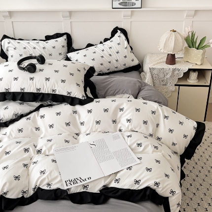 91家纺网 家纺一手货源 找家纺 鑫利来家纺 2025新款法式花边赫本风水洗棉四件套韩版小清新四件套赫本风=黑色蝴蝶结