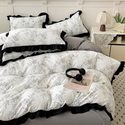 91家纺网 家纺一手货源 找家纺 鑫利来家纺 2025新款法式花边赫本风水洗棉四件套韩版小清新四件套赫本风-线条花