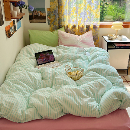 总桃子 2023新款韩系ins糖果色织水洗棉条纹混搭撞色纯棉系列四件套