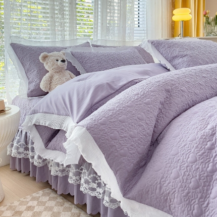 91家纺网 家纺一手货源 找家纺 （总）2025水洗棉麻双层纱纯色多功能蕾丝床盖四件套 夹棉被套夏被两用套件直播爆款