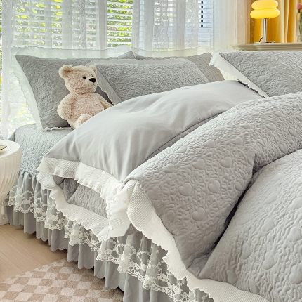 91家纺网 家纺一手货源 找家纺 （总）2025水洗棉麻双层纱纯色多功能蕾丝床盖四件套 夹棉被套夏被两用套件直播爆款