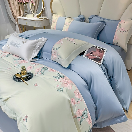 91家纺网 家纺一手货源 找家纺 （总）宅家居 2025轻奢法式小香风双面纯棉刺绣拼接款长绒棉四件套-樱花恋