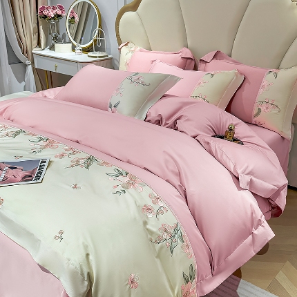 91家纺网 家纺一手货源 找家纺 （总）宅家居 2025轻奢法式小香风双面纯棉刺绣拼接款长绒棉四件套-樱花恋