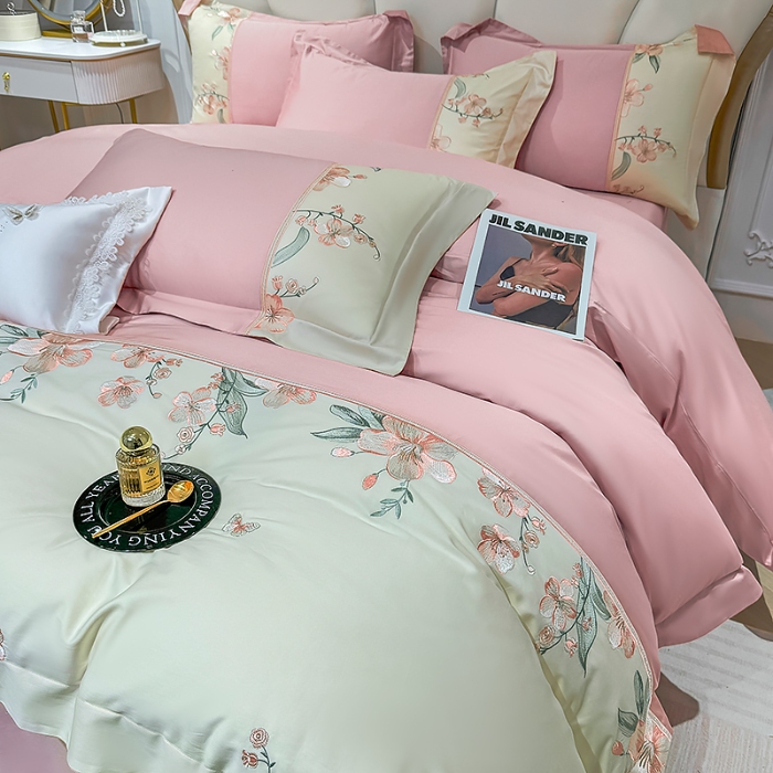 91家纺网 家纺一手货源 找家纺 （总）宅家居 2025轻奢法式小香风双面纯棉刺绣拼接款长绒棉四件套-樱花恋