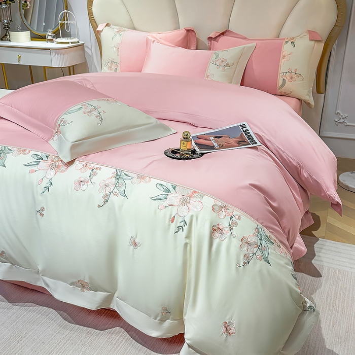 91家纺网 家纺一手货源 找家纺 （总）宅家居 2025轻奢法式小香风双面纯棉刺绣拼接款长绒棉四件套-樱花恋