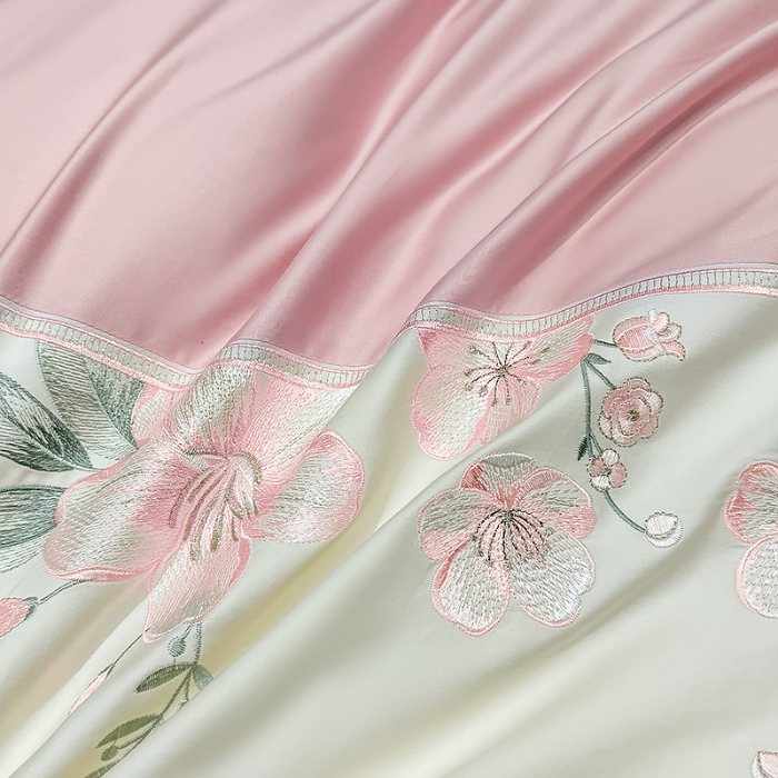 91家纺网 家纺一手货源 找家纺 （总）宅家居 2025轻奢法式小香风双面纯棉刺绣拼接款长绒棉四件套-樱花恋