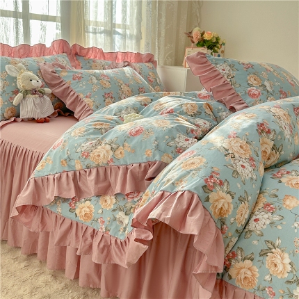 91家纺网 家纺一手货源 找家纺 （总）忘忧草 2025新款全棉133*72纯棉小清新床裙花边四件套