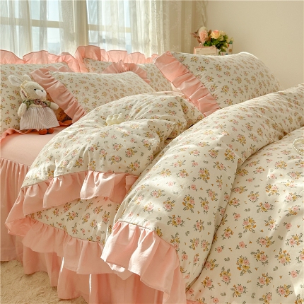 91家纺网 家纺一手货源 找家纺 （总）忘忧草 2025新款全棉133*72纯棉小清新床裙花边四件套