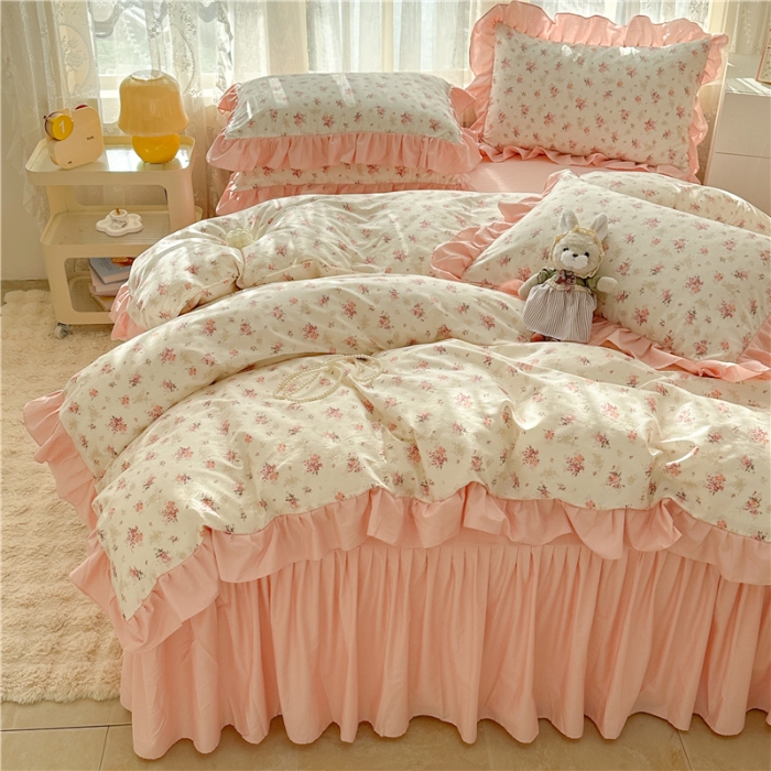 91家纺网 家纺一手货源 找家纺 （总）忘忧草 2025新款全棉133*72纯棉小清新床裙花边四件套