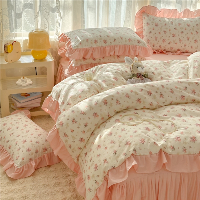 91家纺网 家纺一手货源 找家纺 （总）忘忧草 2025新款全棉133*72纯棉小清新床裙花边四件套