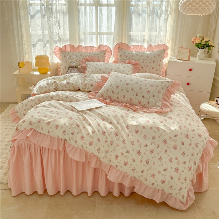 91家纺网 家纺一手货源 找家纺 （总）忘忧草 2025新款全棉133*72纯棉小清新床裙花边四件套