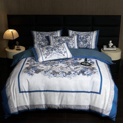 91家纺网 家纺一手货源 找家纺 花沐 2025新款轻奢潮牌亲肤棉纯棉四件套 蓝蝶