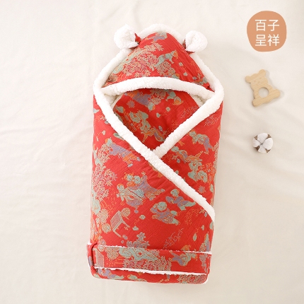 91家纺网 家纺一手货源 找家纺 （总）新生婴儿抱被红色满月礼双层纱布纯棉多功能羊羔绒包被春秋冬加厚