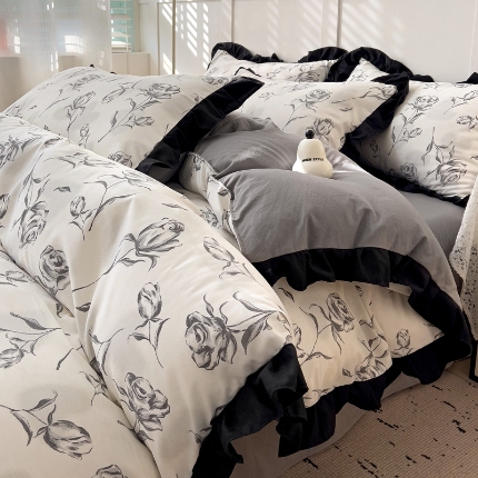 91家纺网 家纺一手货源 找家纺 （总）鑫利来家纺 2025新款法式花边赫本风水洗棉四件套韩版小清新四件套四件套