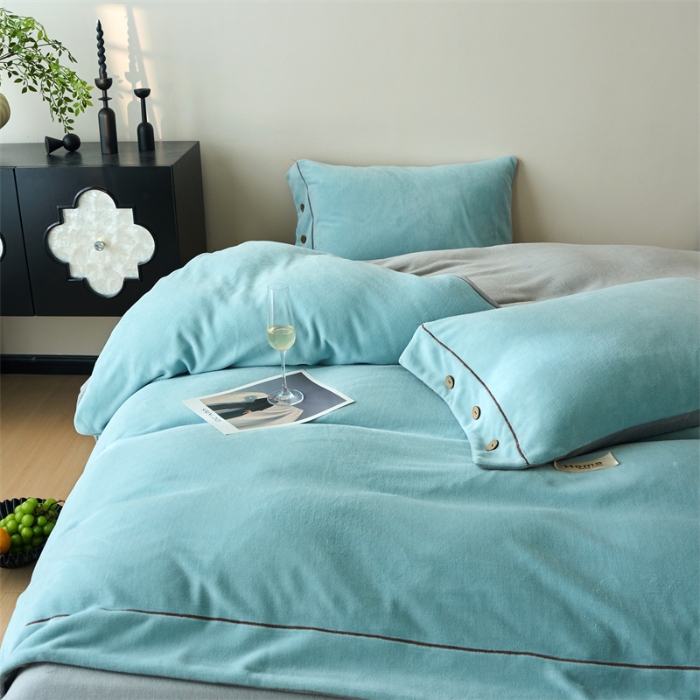 91家纺网 家纺一手货源 找家纺 （总）兰紫橙家纺 2025新款纯色牛奶绒纽扣款四件套