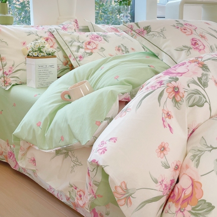 91家纺网 家纺一手货源 找家纺 （总）铭博家纺 2025新款直播爆款100%全棉吊边一字绣工艺款13070印花全棉四件套