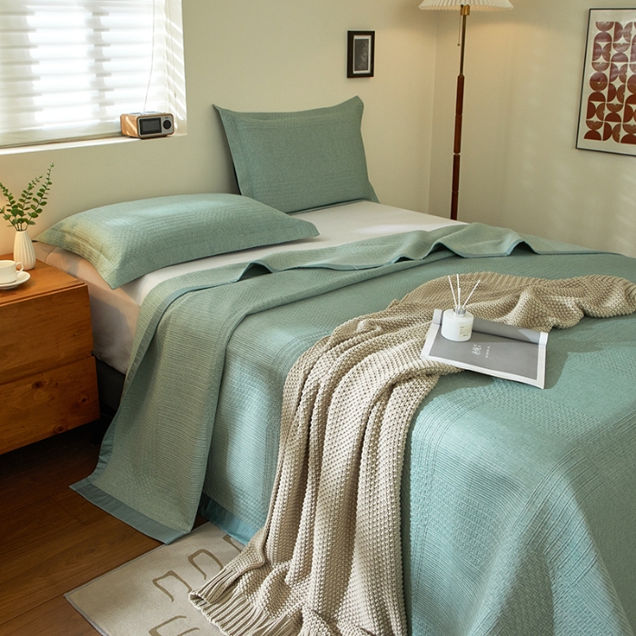 91家纺网 家纺一手货源 找家纺 【2025】双层纱全棉提花双面可用床盖三件套可购单件可选直角或者圆角 几何绿 券后最低实付价430元