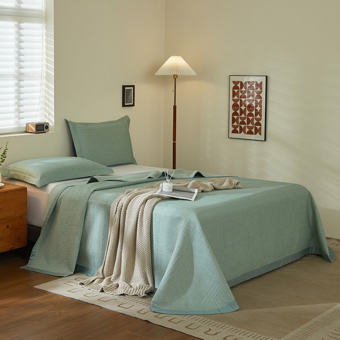 91家纺网 家纺一手货源 找家纺 【2025】双层纱全棉提花双面可用床盖三件套可购单件可选直角或者圆角 几何绿 券后最低实付价430元