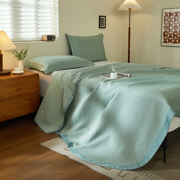 91家纺网 家纺一手货源 找家纺 【2025】双层纱全棉提花双面可用床盖三件套可购单件可选直角或者圆角 几何绿 券后最低实付价430元