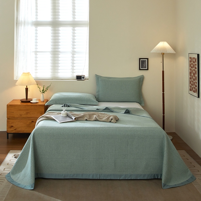 91家纺网 家纺一手货源 找家纺 【2025】双层纱全棉提花双面可用床盖三件套可购单件可选直角或者圆角 几何绿 券后最低实付价430元