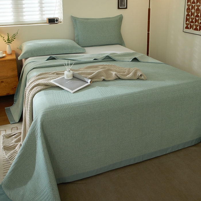 91家纺网 家纺一手货源 找家纺 【2025】双层纱全棉提花双面可用床盖三件套可购单件可选直角或者圆角 几何绿 券后最低实付价430元