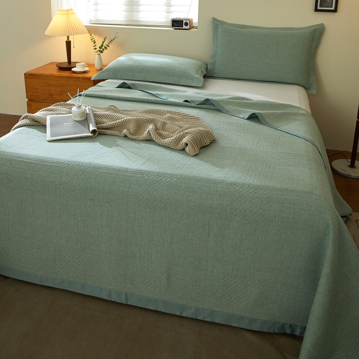 91家纺网 家纺一手货源 找家纺 【2025】双层纱全棉提花双面可用床盖三件套可购单件可选直角或者圆角 几何绿 券后最低实付价430元