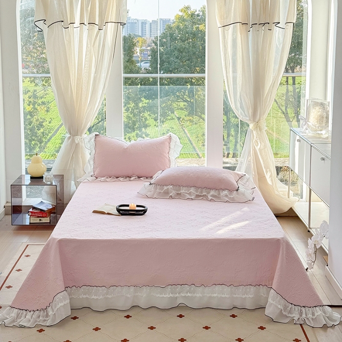 91家纺网 家纺一手货源 找家纺 （总）金喜 2025新款韩版木棉纯色床盖双层蕾丝边夹棉床盖-星梦系列