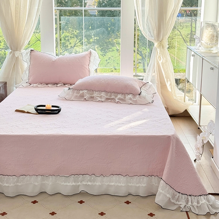 91家纺网 家纺一手货源 找家纺 （总）金喜 2025新款韩版木棉纯色床盖双层蕾丝边夹棉床盖-星梦系列