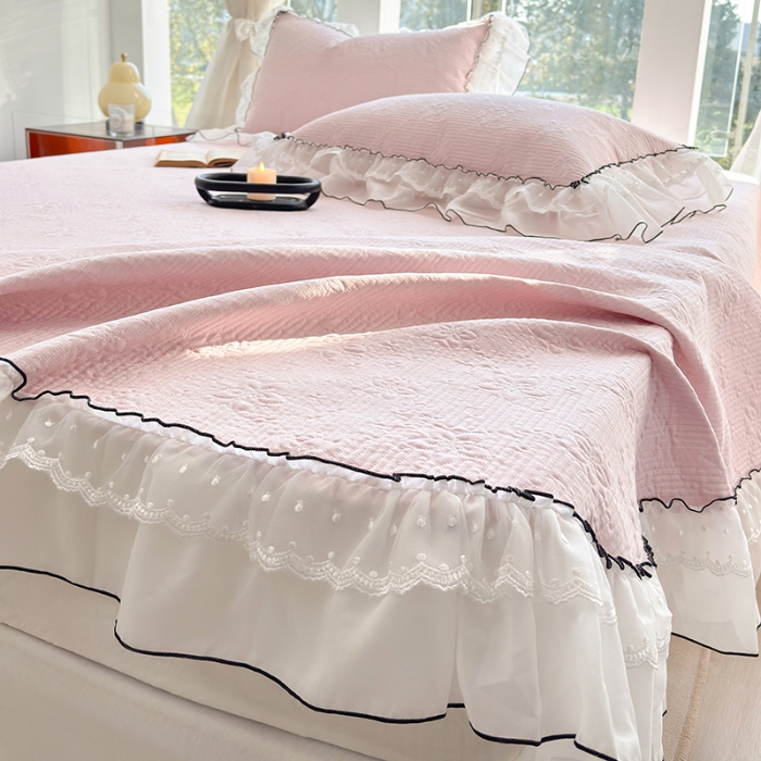 91家纺网 家纺一手货源 找家纺 （总）金喜 2025新款韩版木棉纯色床盖双层蕾丝边夹棉床盖-星梦系列