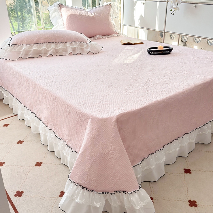 91家纺网 家纺一手货源 找家纺 （总）金喜 2025新款韩版木棉纯色床盖双层蕾丝边夹棉床盖-星梦系列