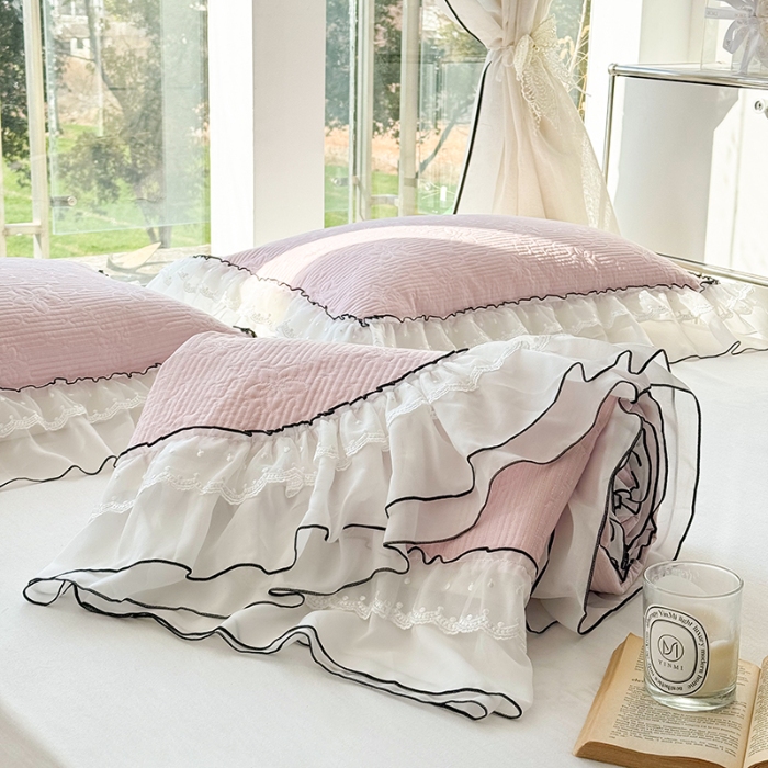 91家纺网 家纺一手货源 找家纺 （总）金喜 2025新款韩版木棉纯色床盖双层蕾丝边夹棉床盖-星梦系列