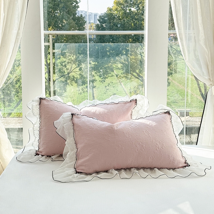 91家纺网 家纺一手货源 找家纺 （总）金喜 2025新款韩版木棉纯色床盖双层蕾丝边夹棉床盖-星梦系列