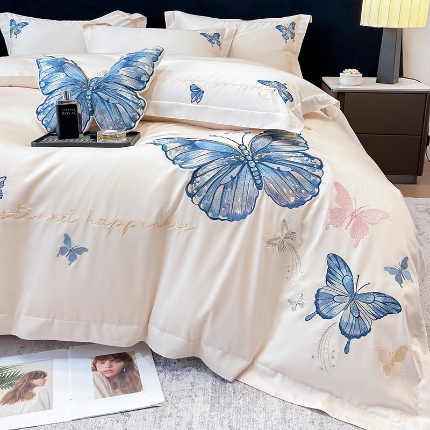 91家纺网 家纺一手货源 找家纺 春夏新款50*50S贡缎长绒棉刺绣四件套纯棉床单床笠高档礼盒装 玫瑰金-绮梦蝶-贡缎长绒棉