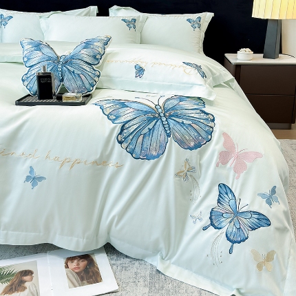 91家纺网 家纺一手货源 找家纺 春夏新款50*50S贡缎长绒棉刺绣四件套纯棉床单床笠高档礼盒装 清新绿-绮梦蝶-贡缎长绒棉