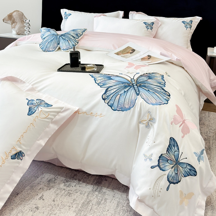 91家纺网 家纺一手货源 找家纺 春夏新款50*50S贡缎长绒棉刺绣四件套纯棉床单床笠高档礼盒装 白拼粉-绮梦蝶-贡缎长绒棉