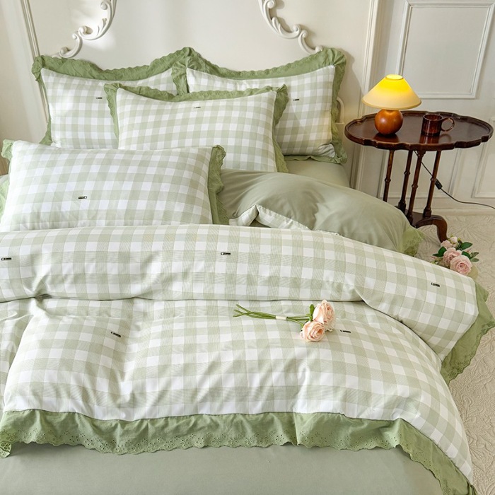 91家纺网 家纺一手货源 找家纺 苏米娜家纺 2025直播爆款公主风A类母婴级针织棉床盖四件套韩版花边针织棉双层纱四件套全棉纯棉复古风 格调-绿