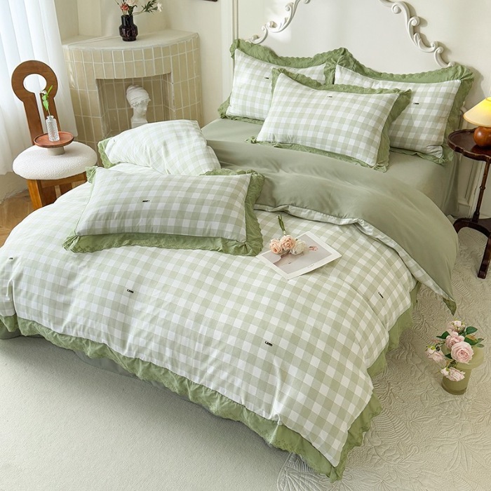 91家纺网 家纺一手货源 找家纺 苏米娜家纺 2025直播爆款公主风A类母婴级针织棉床盖四件套韩版花边针织棉双层纱四件套全棉纯棉复古风 格调-绿