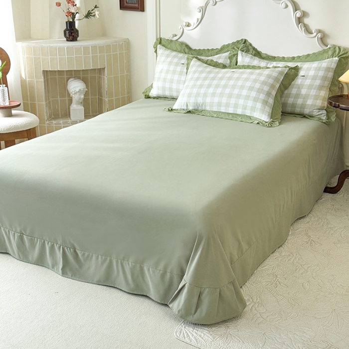 91家纺网 家纺一手货源 找家纺 苏米娜家纺 2025直播爆款公主风A类母婴级针织棉床盖四件套韩版花边针织棉双层纱四件套全棉纯棉复古风 格调-绿