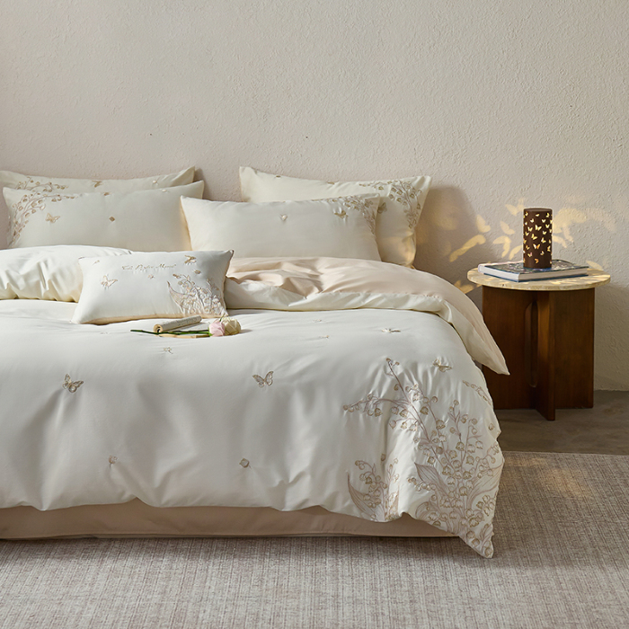 91家纺网 家纺一手货源 找家纺 （总）千朵森2025新款 A类长绒棉刺绣四件套-铃兰花语