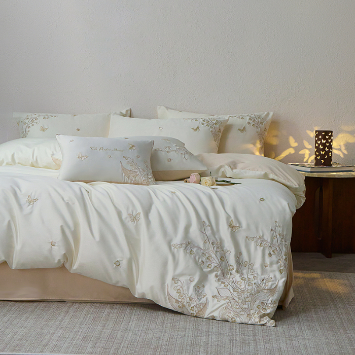 91家纺网 家纺一手货源 找家纺 （总）千朵森2025新款 A类长绒棉刺绣四件套-铃兰花语