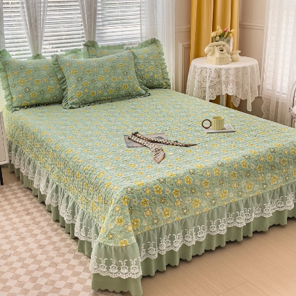 91家纺网 家纺一手货源 找家纺 （总）佰诗特 2025A类双层纱水洗棉麻床盖四件套 夹棉印花花边床盖三件套加厚床裙