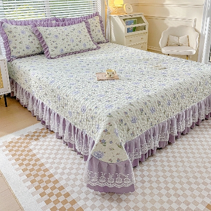 91家纺网 家纺一手货源 找家纺 （总）佰诗特 2025A类双层纱水洗棉麻床盖四件套 夹棉印花花边床盖三件套加厚床裙