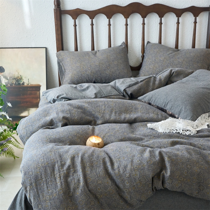 91家纺网 家纺一手货源 找家纺 （总）兰紫橙 2025新款A类全棉色织提花双层纱四件套