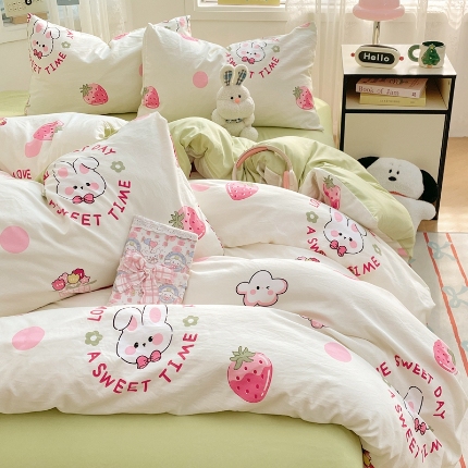 91家纺网 家纺一手货源 找家纺 （总）2025新印花磨毛花园兔卡通水洗棉四件套床上用品