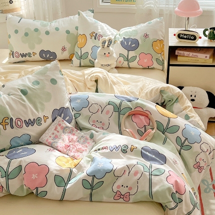 91家纺网 家纺一手货源 找家纺 （总）2025新印花磨毛花园兔卡通水洗棉四件套床上用品