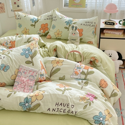91家纺网 家纺一手货源 找家纺 （总）2025新印花磨毛花园兔卡通水洗棉四件套床上用品