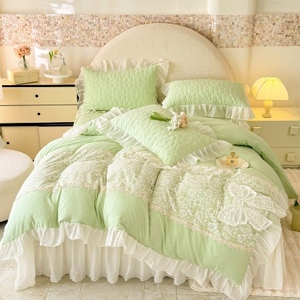 91家纺网 家纺一手货源 找家纺 （总）2025韩版法式公主风水洗棉立体花绣花床盖款四件套蕾丝床盖款夏被四件套