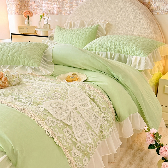 91家纺网 家纺一手货源 找家纺 2025韩版法式公主风水洗棉立体花绣花床盖款四件套蕾丝床盖款夏被四件套 法派甜心-薄荷绿